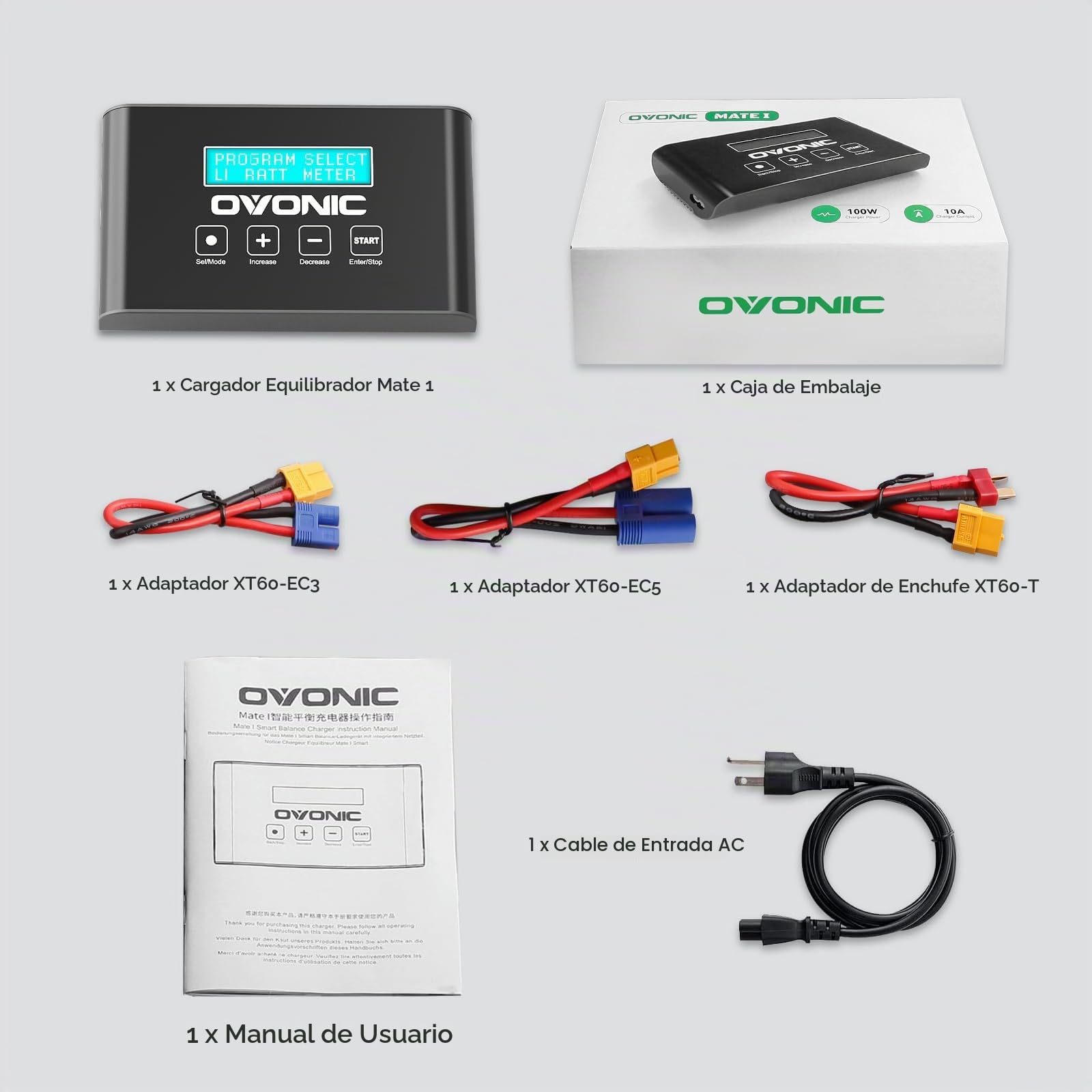 OVONIC Mate1 Cargador de Batería 100W 10A Cargador RC Inteligente con Cargador de Equilibrio XT60 Compatible para 2-6s LiIon/LiPo/Life 3-18S NiMH
