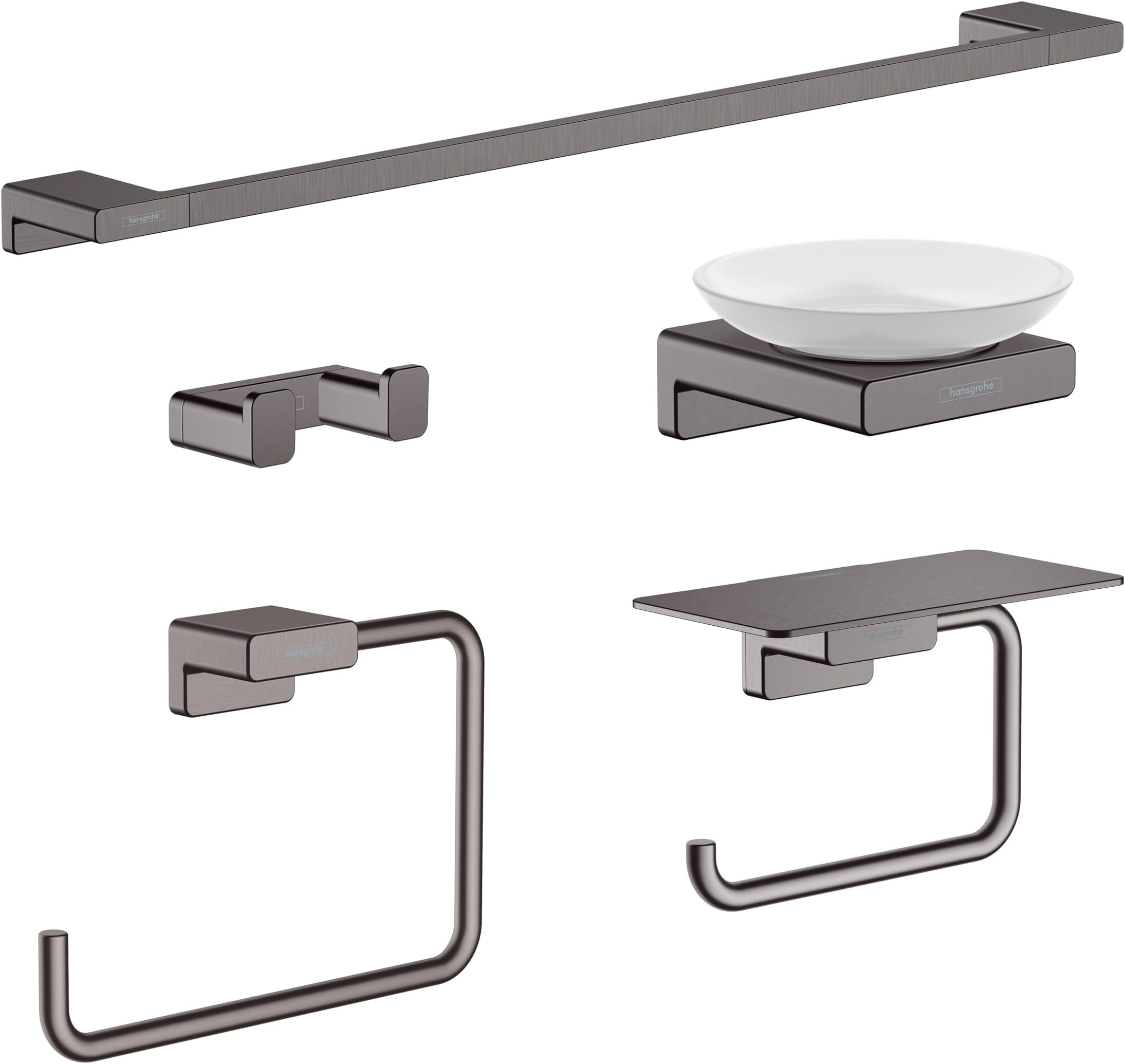 AddStoris Accessory Kit with Double Hook, Towel Bar, Toilet Paper Holder w/Shelf, Towel Ring, and Soap Dish in Brushed Black Chrome