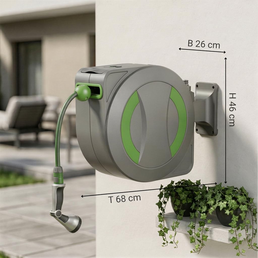 Dönges novaterra® Elektrische Schlauchtrommel 30m – Automatische akkubetriebene Gartenschlauchtrommel mit elektrischem Einzug, wetterfeste Schlauchbox für Garten & Terrasse, Akku Schlauchaufroller