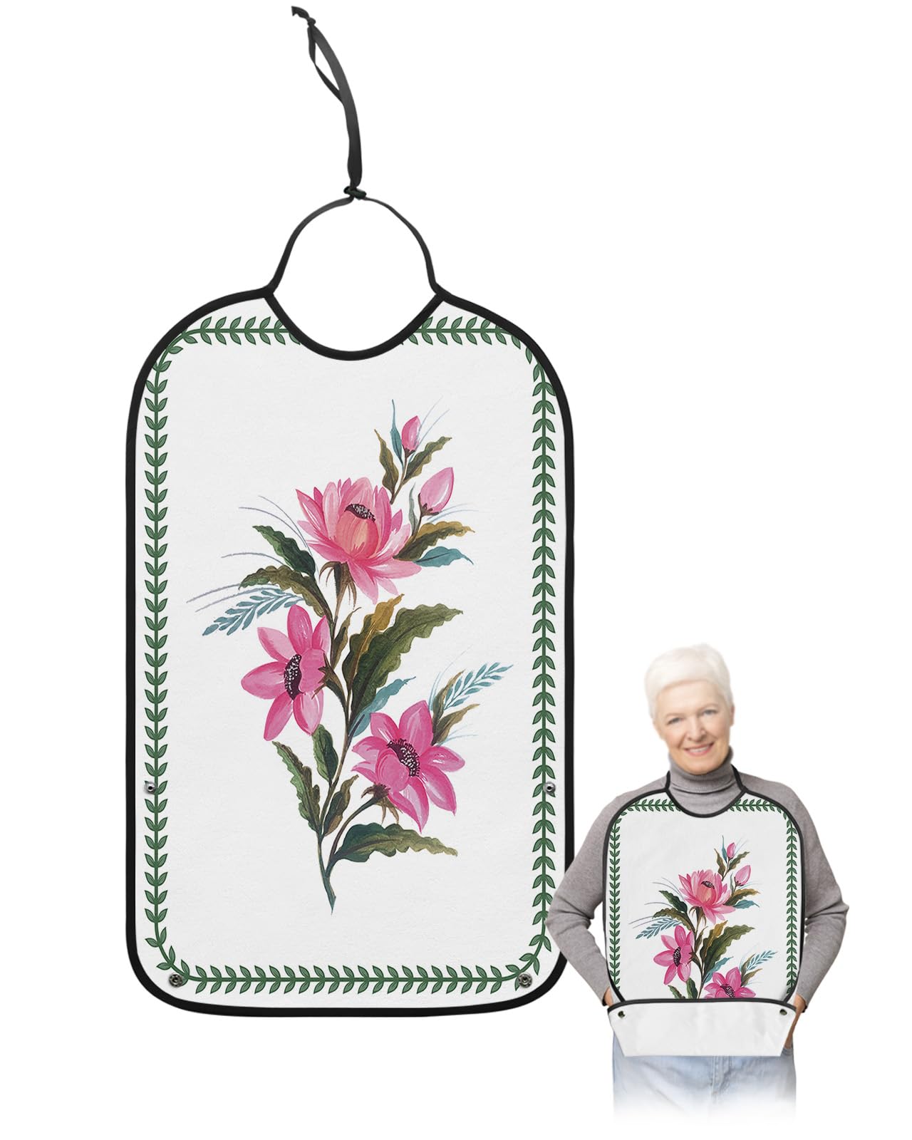 Pink Spring Floral Adult Bibs for Eating, Waterproof Bibs with Food Catcher & Adjustable Snap Closure, Green Tropical Leaves Farmhouse Washable Clothing Protectors Adult Bibs for Elderly Women/Men