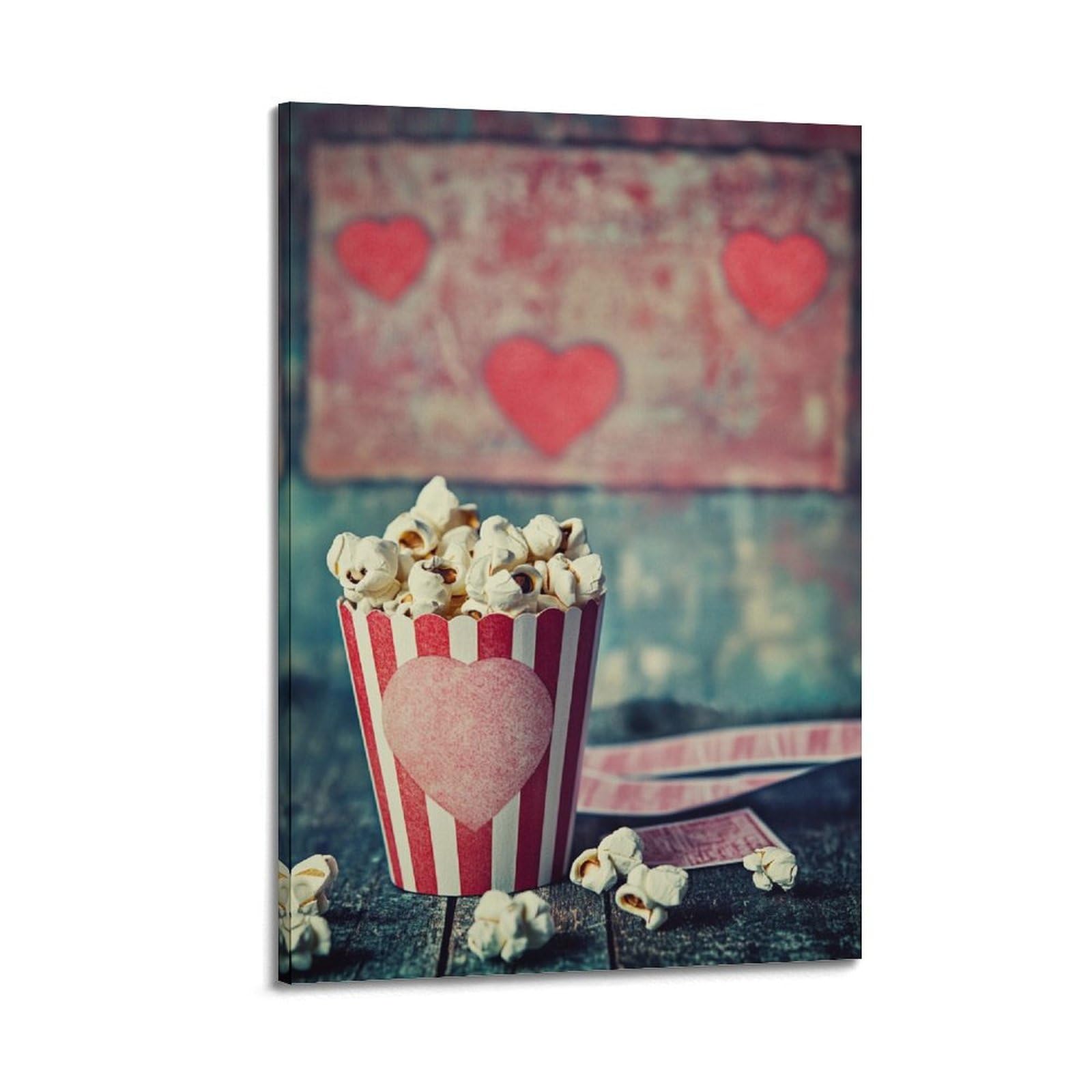XHBKJA Poster su tela da parete con cuore romantico, tazza di popcorn per dolci serate di film, decorazione artistica da parete minimalista e moderna, opera d'arte da appendere 40 x 60 cm