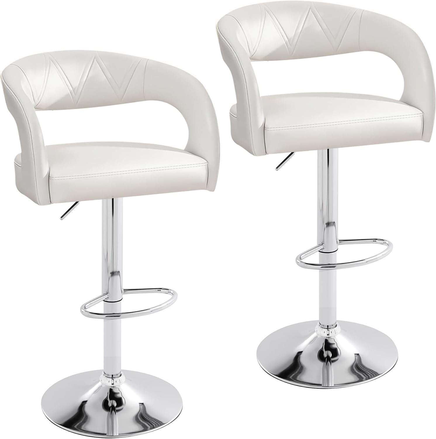 VECELO Bar Stools Set of 2 Swivel Adjustable Modern Pu Leather Barstools, Counter Bar Stools with Back and Arms, for Kitchen (White)
