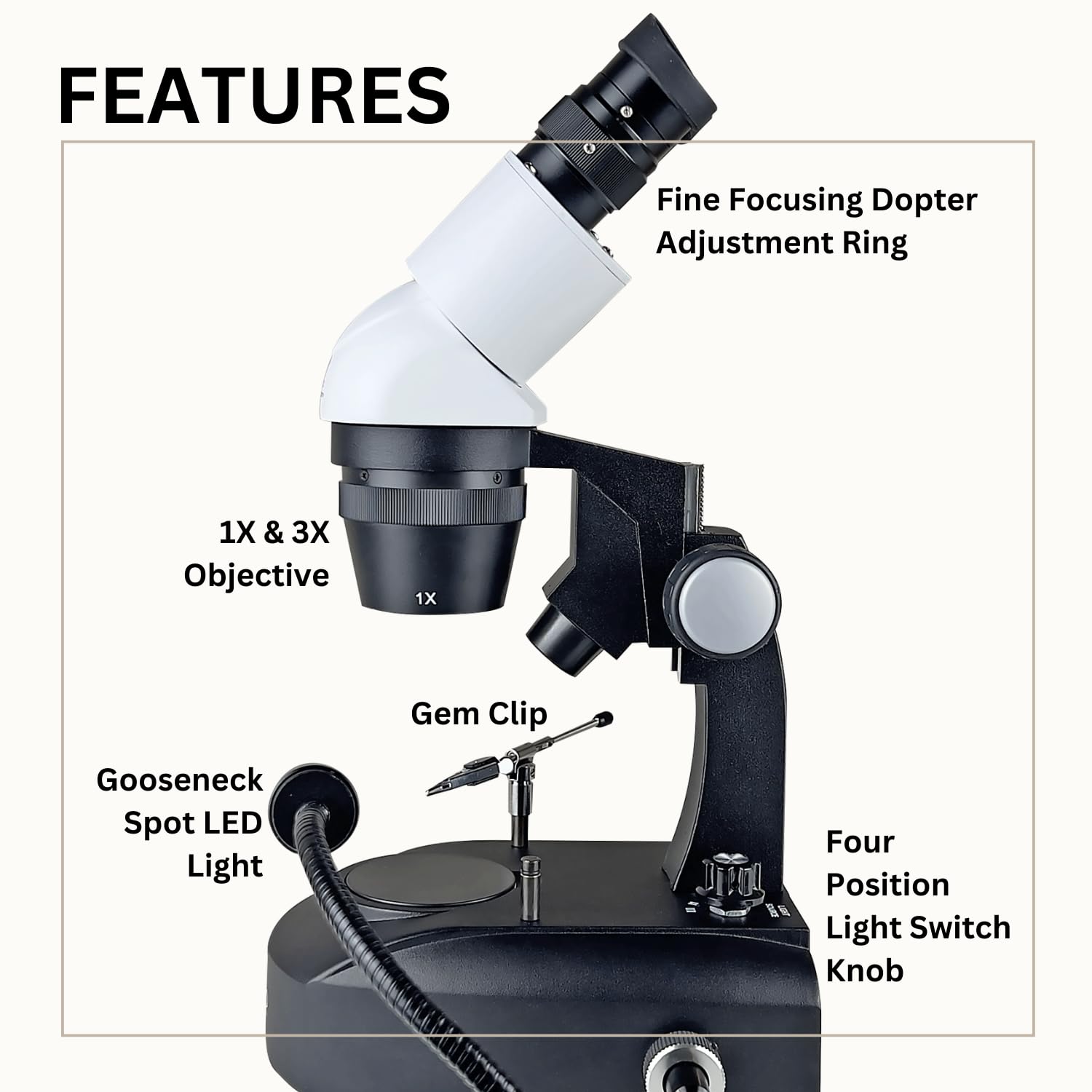 GemOro Elite 1030 LED-Mikroskop, professionelle hochpräzise Schmuck-, Edelstein- und Uhren-Reparatur-Inspektion mit verstellbarem Zoom und LED-Beleuchtung, 10-fache bis 30-fache Vergrößerung, tragbar