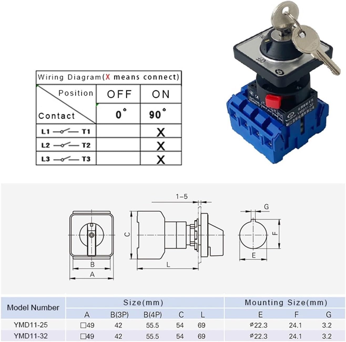 Cam Isolator Switch YMD11-32A YS3/4 Load Circuit Breaker Master Control Key with Lock Rotation Power Off LW30