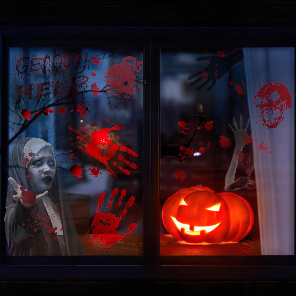 DesignBox Halloween Window Stickers, 8 Sheets Halloween Decorations Double Sided Scary Bloody Hands Footprint for Window Mirror Clings