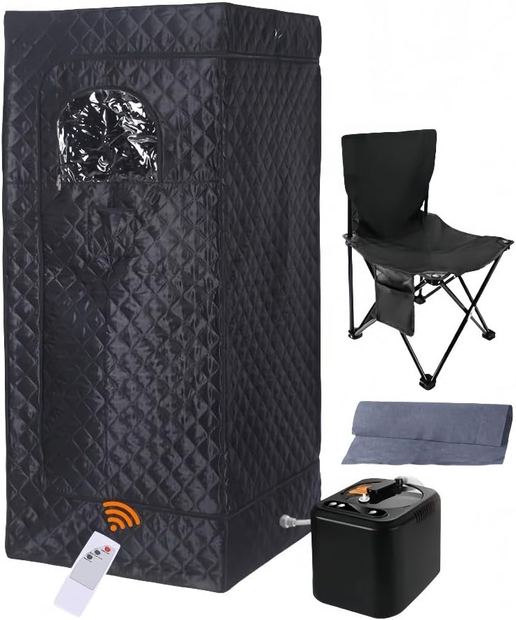 Portable Home Sauna Full Body Steam Sauna Tent, Foldable, One Person with Chair, Sweat Absorbing Mat Included, Waterproof Insulation Material, Indoor Use, Home Care, Black