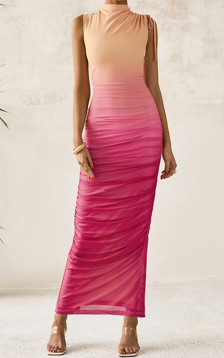 PRETTYGARDEN Women's Summer Maxi Floral Dresses Ruched Bodycon Sleeveless Mesh Formal Wedding Guest Cocktail Split Long Dress - Image 7