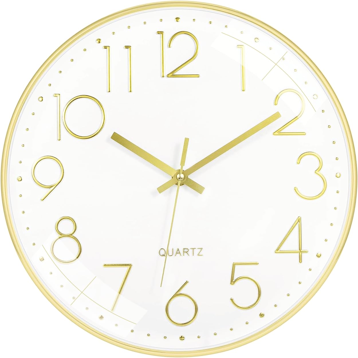 Rylan Plastic, Analog Wall Clock 12", Silent Quartz, Non-Ticking, Easy to Read, Battery Operated, Round for Room/Kitchen/Bedroom/Office/School, Gold White