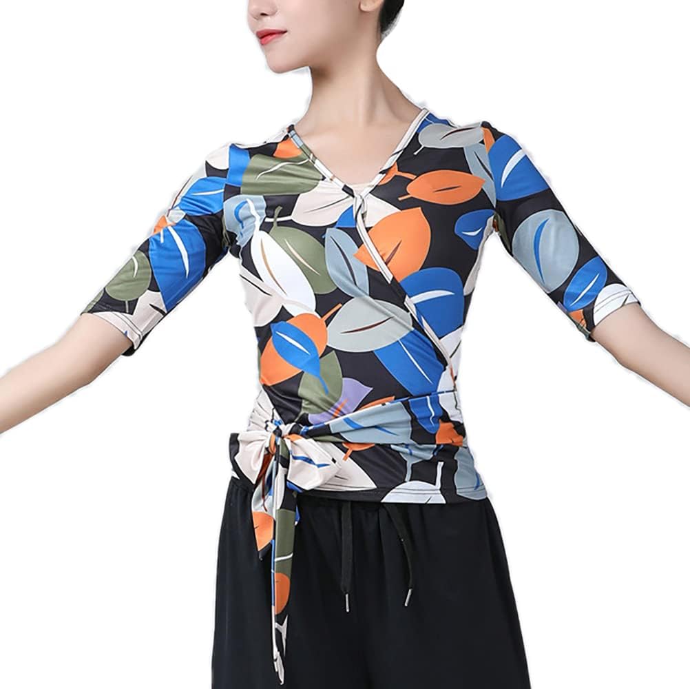 Whitewed Adult Women's Faux Wrap Tie Waist Sleeve Dance Yoga Gym Top T Shirts V Neck
