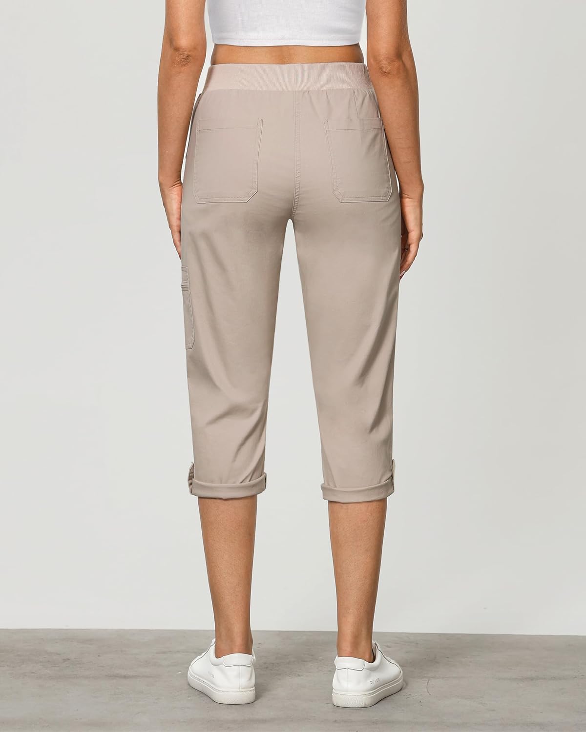 GRAPENT Capri Cargo Pants for Women High Waisted Pull On Elastic Waist Stretch Twill Fold Hem Capris Pants with Pockets - Image 3