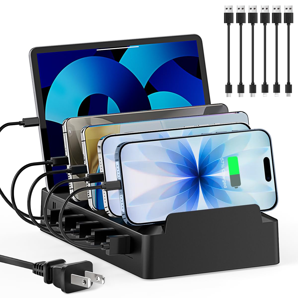 Stazione di ricarica per più dispositivi, 6 stazioni di ricarica con materiale ignifugo e 6 cavi per Apple, Android, iPad, scrivania da ufficio dock organizer (nero)