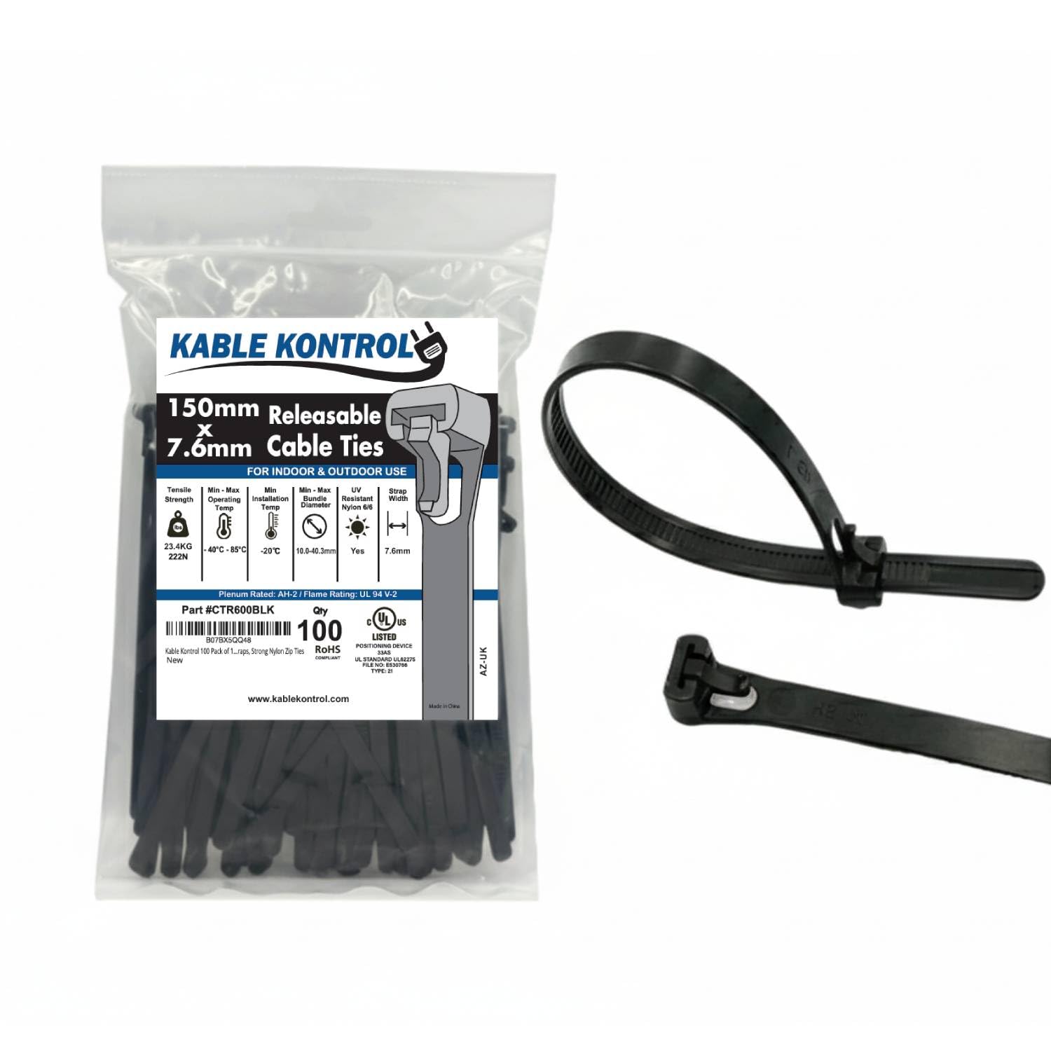 Kable Kontrol 100 Pack of 150 mm x 7.6 mm Reusable Cable Ties, Heavy Duty Black Releasable Cable Ties, 6" Premium Tie Wraps, Strong Nylon Zip Ties