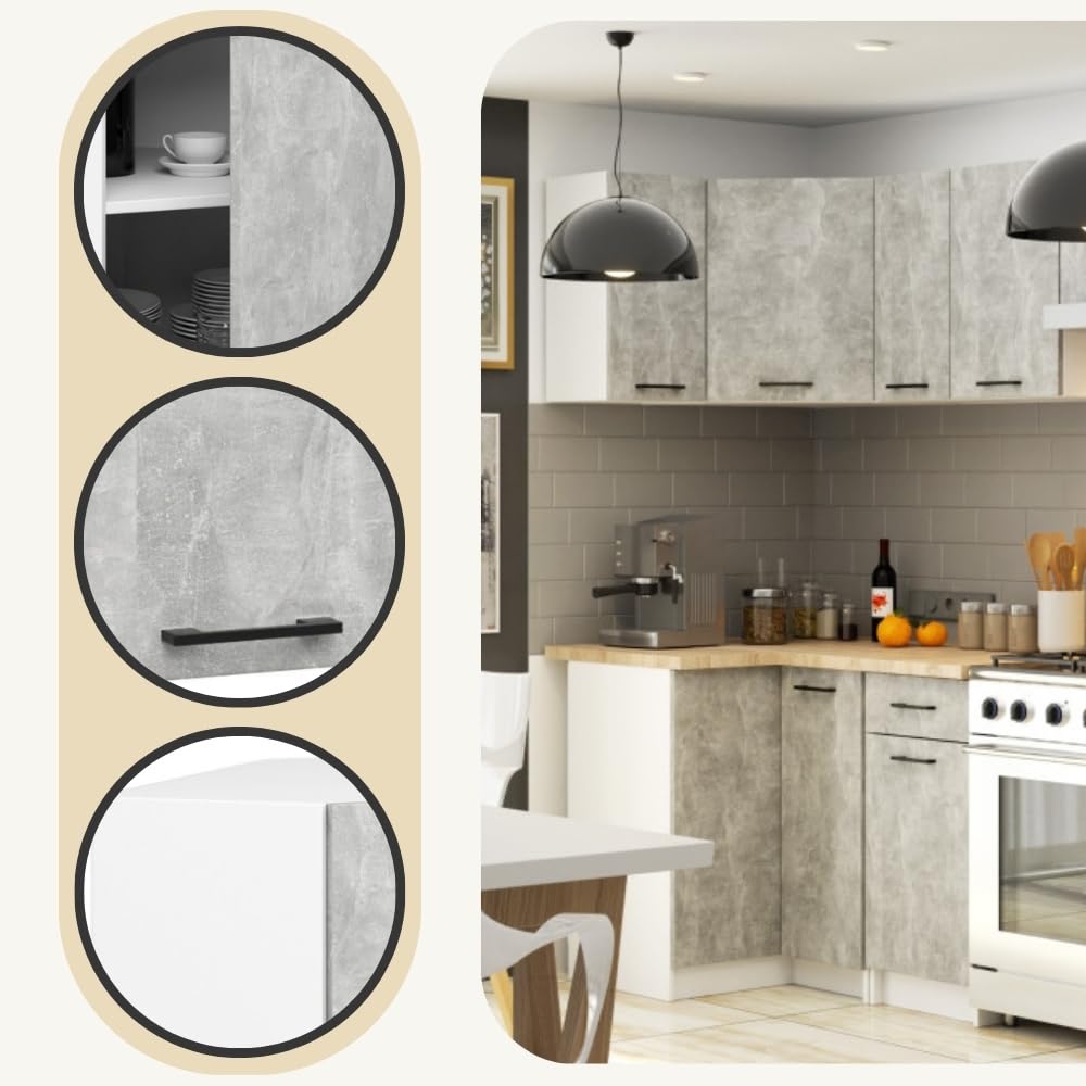 AKORD Armoire De Cuisine Suspendue Oliwia - Blanc Béton, Spacieuse Et Robuste Pour Petite Cuisine Et Kitchenette