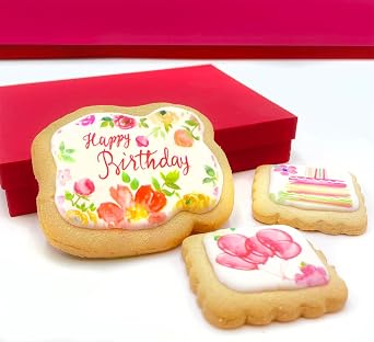 Happy Birthday Cookies Gift Basket For Women and Girls Her Decorated Sugar Cookie Gift Box Floral | Nut Free | 3 Pack | Kosher