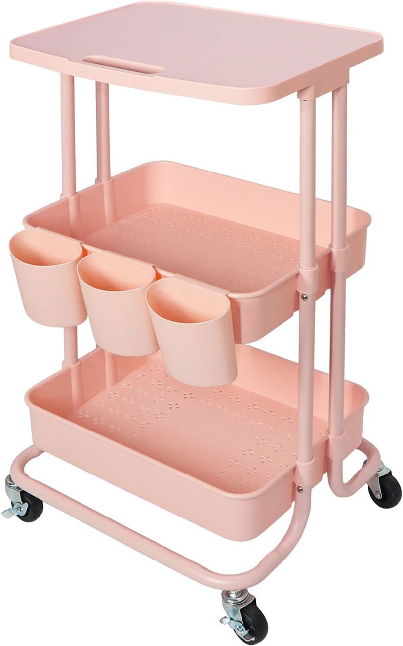 3 Tier Rolling Storage Cart with Tabletop, Practical Kitchen Storage Organizer Utility Service Cart on Wheels for Home Office - Pink