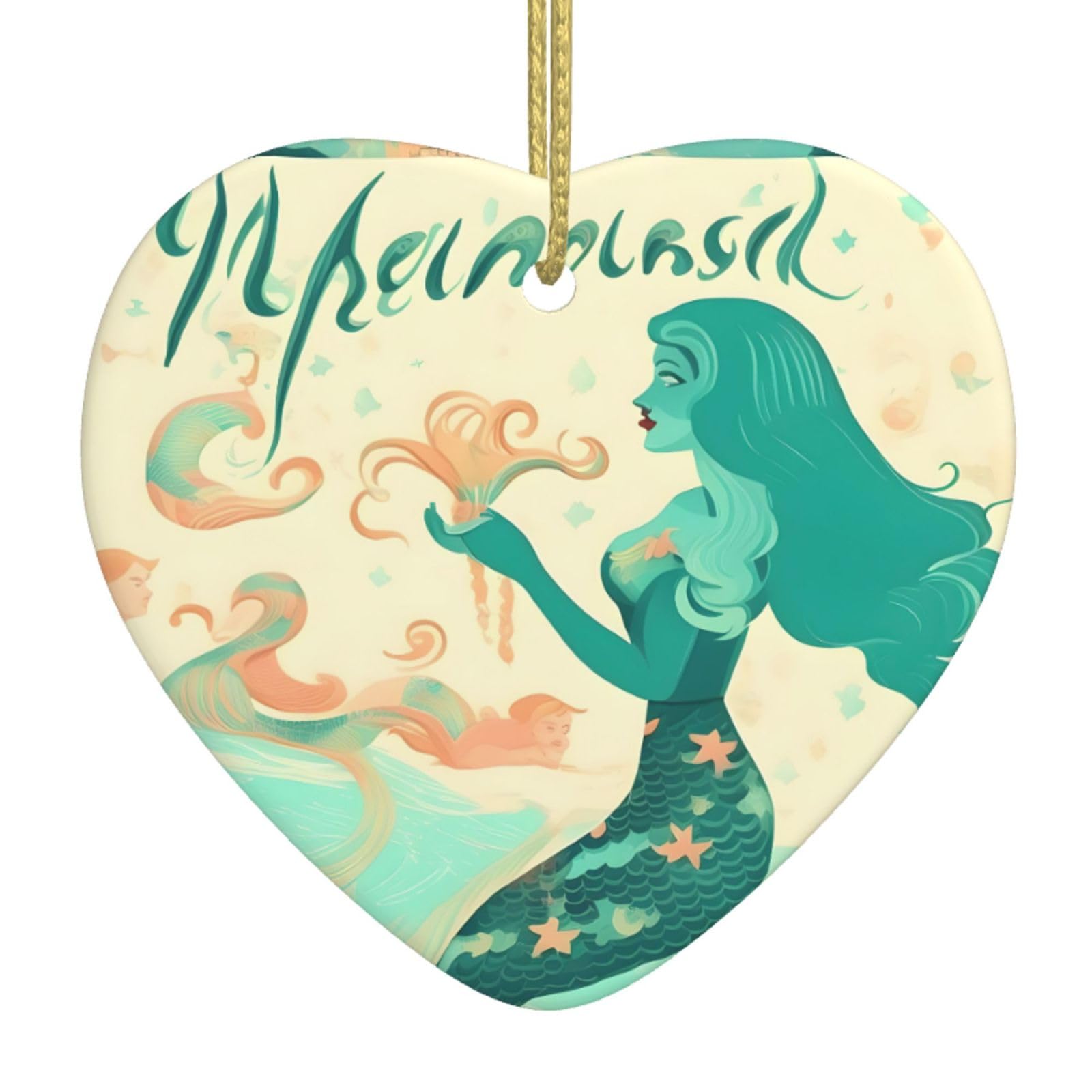 Nbtghga White Retro Mermaid Print Christmas Ornaments, Ceramic Hanging Ornament, Xmas Tree Decoration, Holiday Home Decor