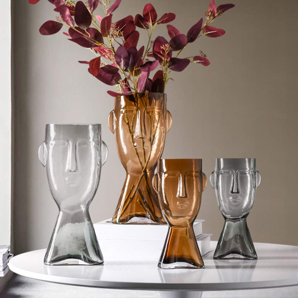 Floral Vase Face Decorative Glass Vase Flower Pot Indoor Outdoor Head Planter Urn Home Garden Centerpieces Wedding Party Hotel Restaurant Cafes Decor, Grey, Large
