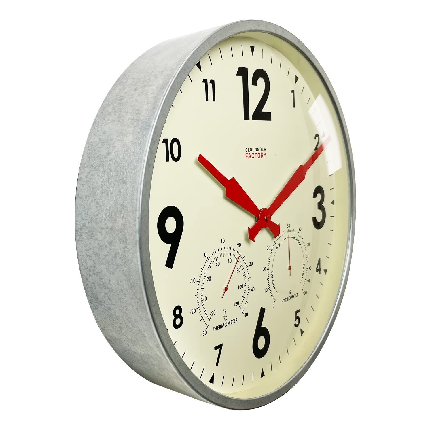 Cloudnola Horloge Murale en métal étanche pour intérieur et extérieur avec thermomètre et hygromètre, Zinc Gris, 45,7 cm, silencieuse, sans tic-tac