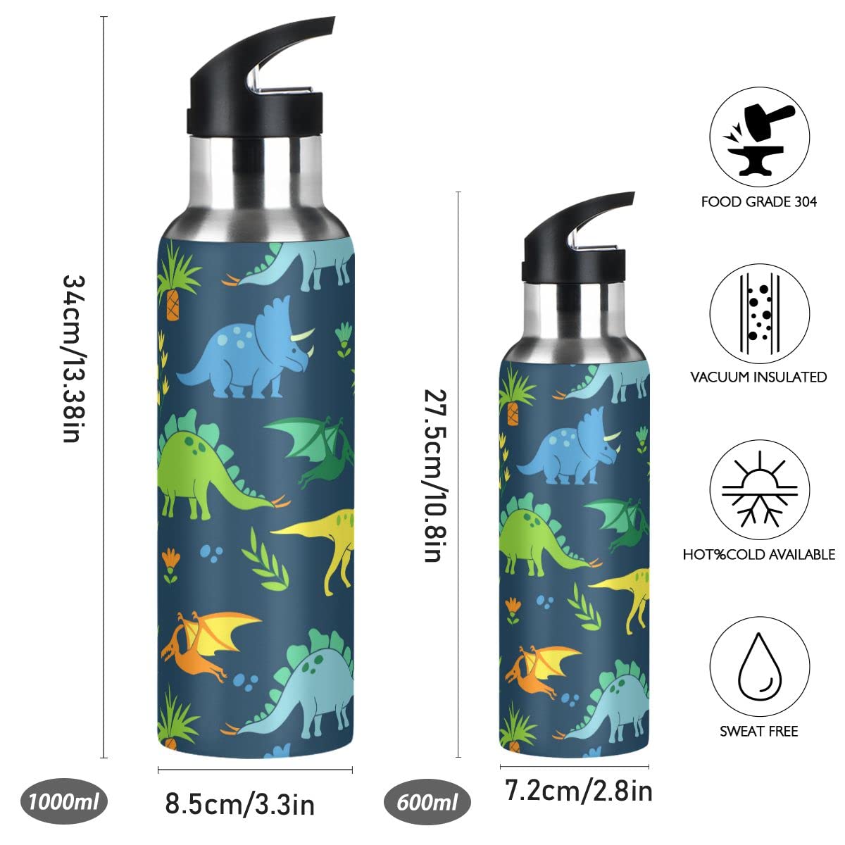 Edelstahl Wasserflasche mit Strohhalm, Dinosaurier isolierte Trinkflasche Sport Wasserflasche für Kinder Erwachsene, auslaufsicher, 1L
