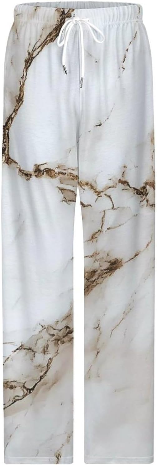 White Marble Cotton Pajama Pants Women Long Lounge Pj Bottom with Elastic Waistband Sleepwear