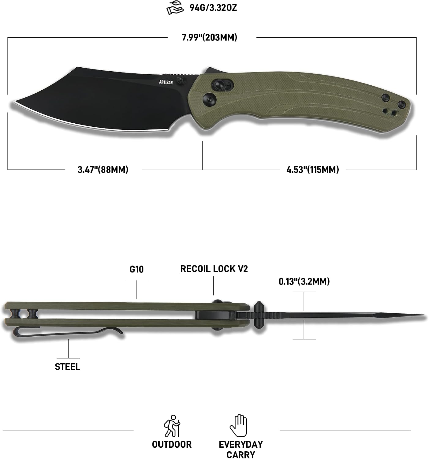 ARTISANCUTLERY Simoon Folding Pocket Knife, 3.47" AR-RPM9 Steel Blade G10 Handle EDC Knife with Pocket Clip for Men Women, Camping Survival Hiking Knives(ATZ-1882 Green)