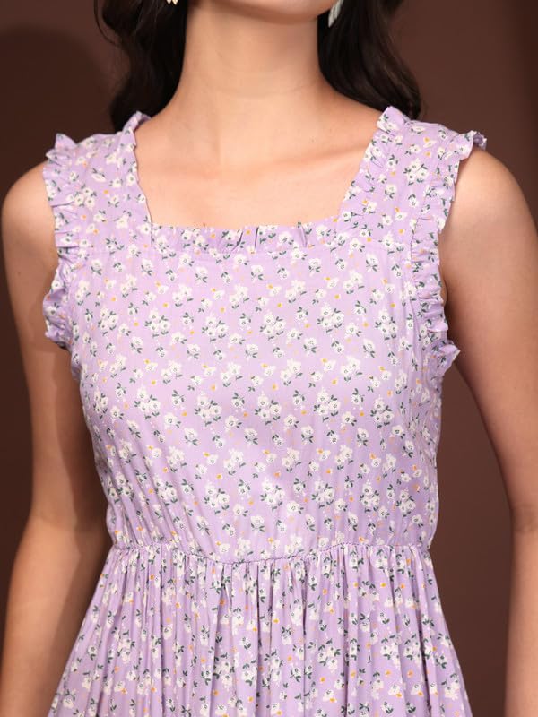 Image of Daevish New Rayon Floral Printed Flared Midi Dress for Women | Women Calf Length Dress