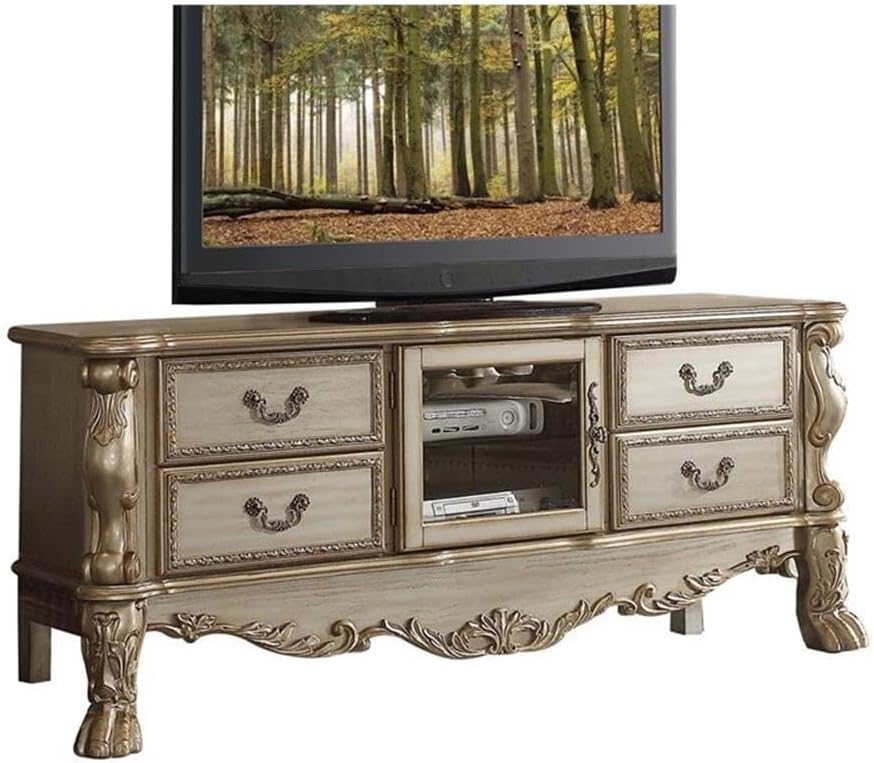 Acme Dresden 4-Drawer Wooden TV Stand in Gold Patina and Bone
