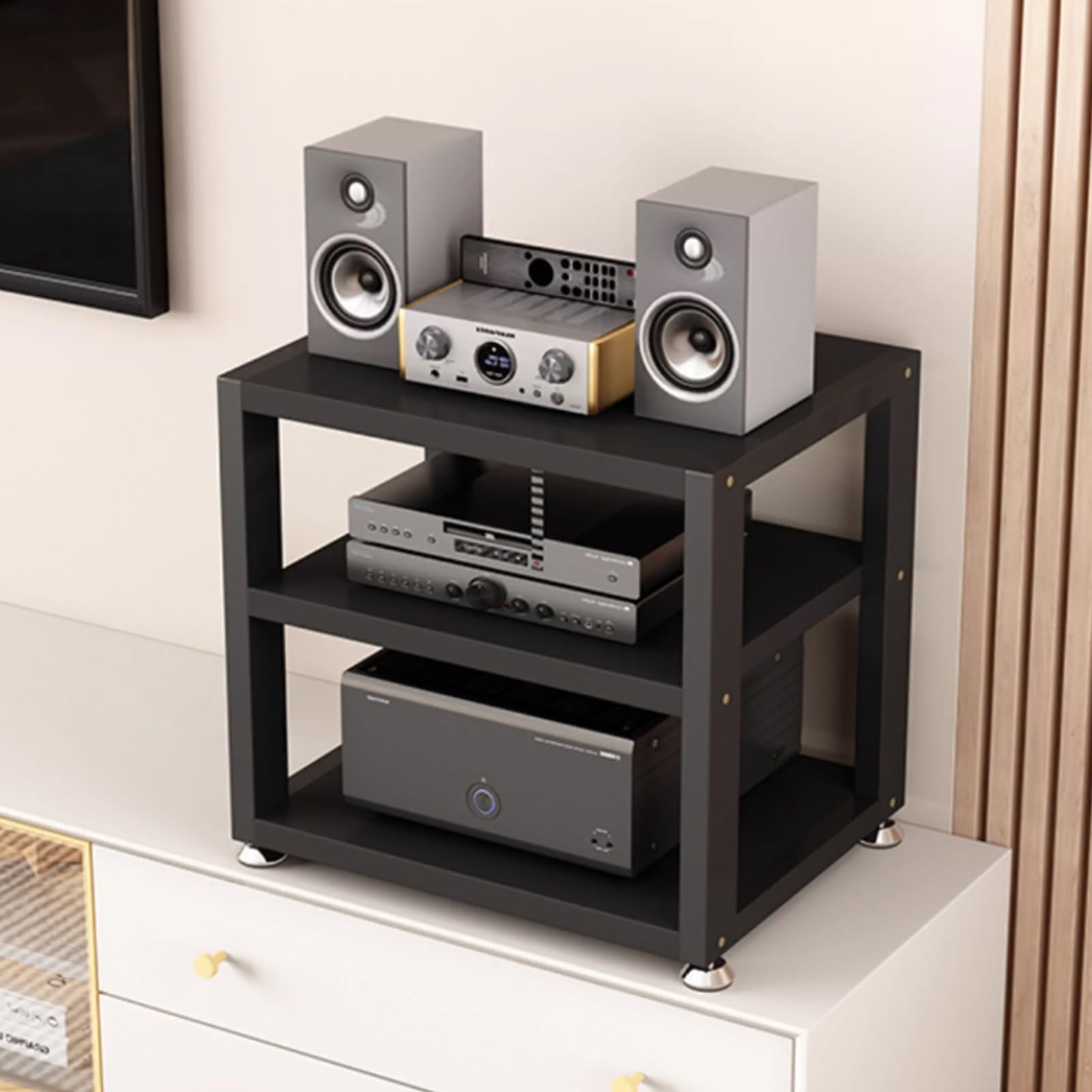 Generico Supporto per Rack Audio HiFi, Supporto multimediale a 2/3/4 Livelli per componenti AV, mobiletto per Giradischi con Piedini ammortizzanti, Nero, 15,7x13,7x13,9 Pollici - Perfetto per l'insta