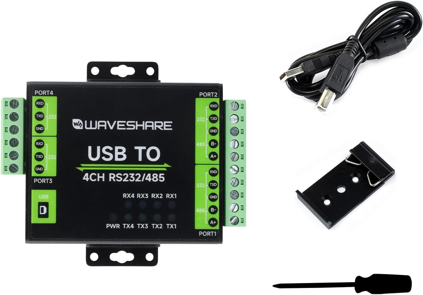 waveshare Industrial Isolated USB to RS232/485 Converter, Original FT4232HL Chip, Supports USB to 2-Ch RS232 + 2-Ch RS232/485, Wall-Mount & Rail-Mount Support