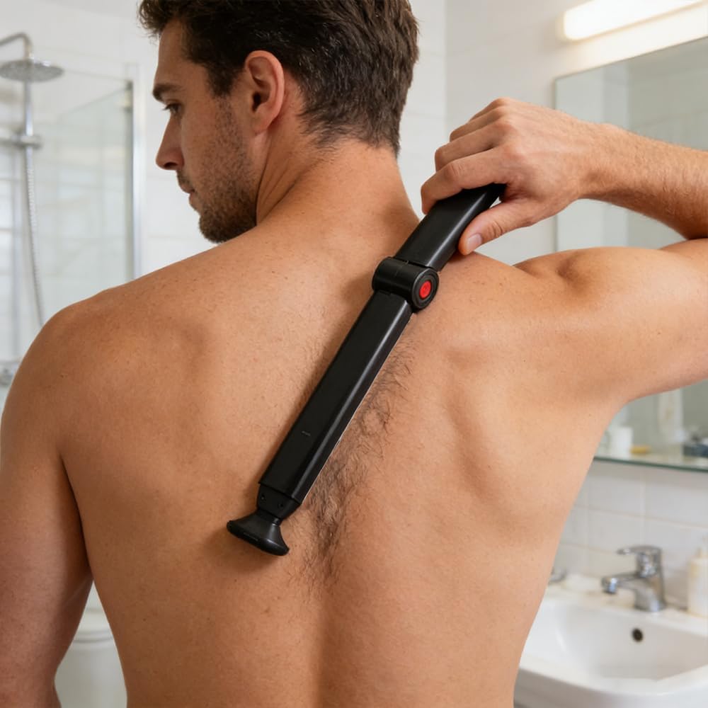 Afeitadora de Espalda para Hombre, USB Depiladora Corporal Hombre con 2 Cabezales de Afeitado Desmontable y Mango Ergonómico Extensible, Plegable, para Espalda, Pecho y Hombros