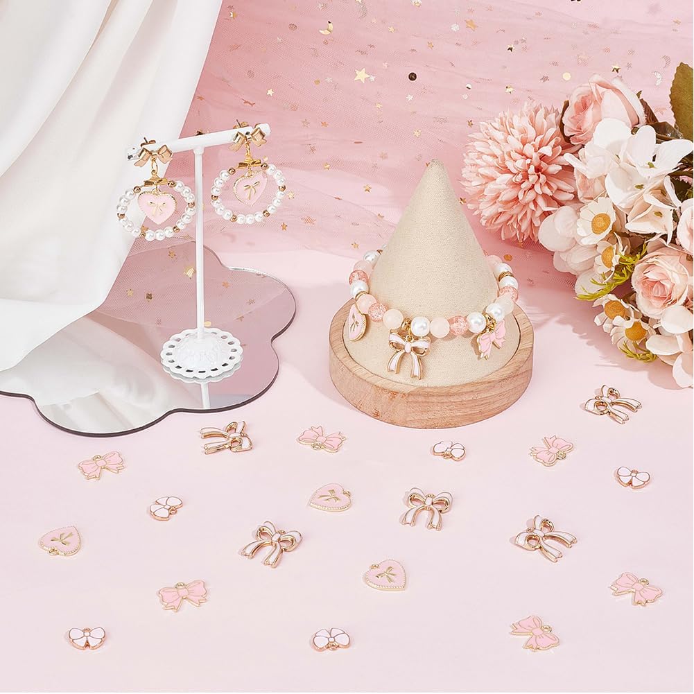 SUNNYCLUE 1 Box 40Pcs 4 Styles Pink Bow Charms Bowknot Charm Alloy Enamel Flat Lolita Cute Gold Bows Tie Heart Charm for Jewelry Making Charms DIY Keychain Bracelet Earrings Necklace Valentine - Image 3