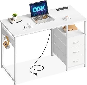 ODK Computer Desk with Drawers, 100cm Office Desk with Sockets, White