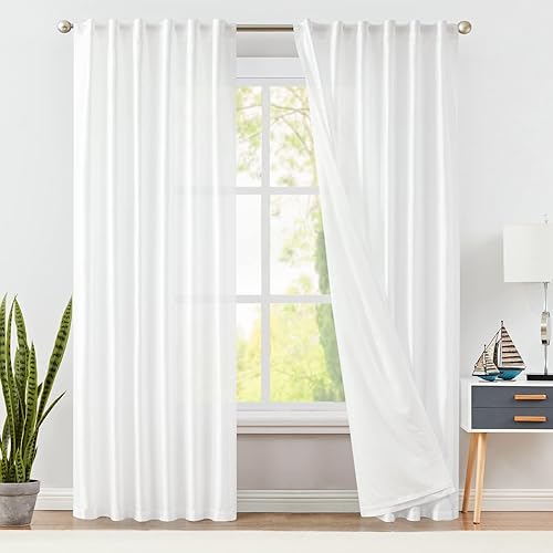 Jinchan Cortinas con forro color blanco de 84 pulgadas de largo, de seda sintética para sala, habitación, Dupioni, semitransparentes para filtrar la