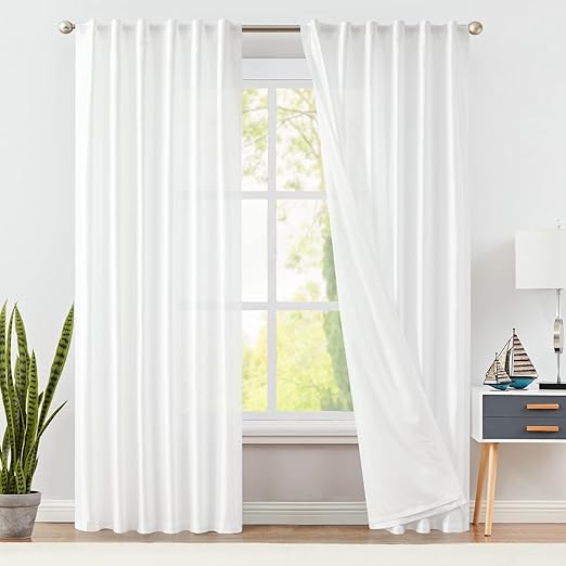 jinchan White Lined Curtains 96 Inch Length Faux Silk