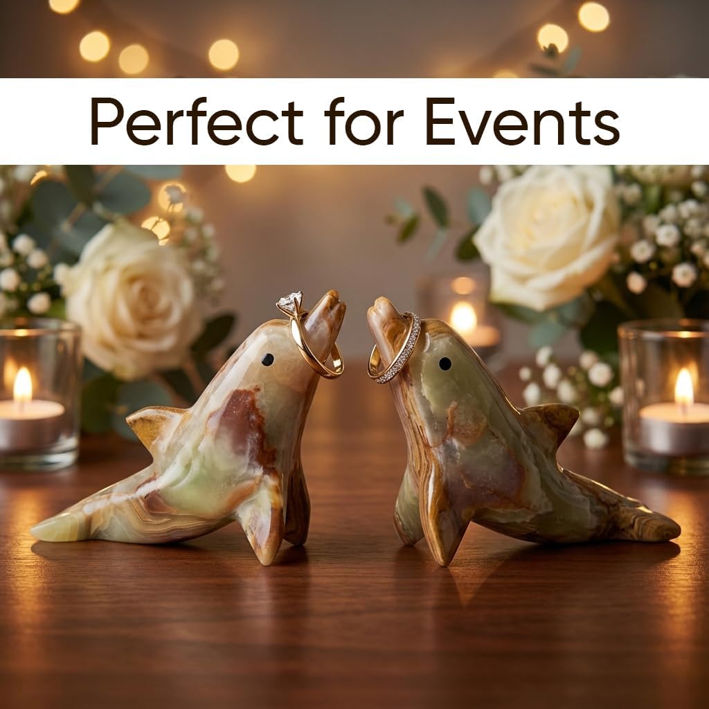 Marble Dolphin Ring Holder Stand Jewelry Display for Engagement & Wedding Rings, Decorative Ring Holder for Home Decor (Green Onyx)