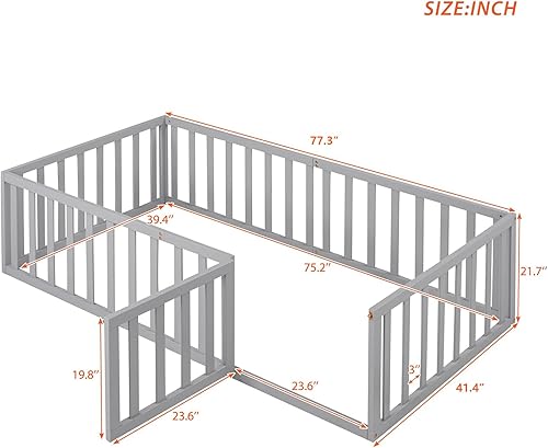 Miniatura 12 de Harper & Bright Designs Cama de suelo tamaño Queen con barandillas de seguridad y puerta, marco de madera para niñas/niños, cama Montessori para
