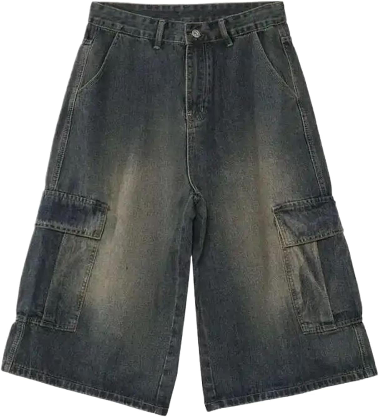 Men's Denim Shorts Multi-Pocket Cargo Trousers Solid Color Chic Straight Leg Male Shorts