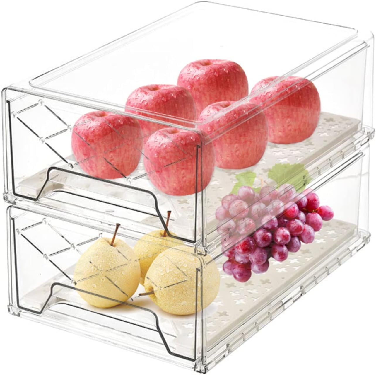 GuoTcusy Fridge Organizer Bins, Pantry Organization and Storage, Plastic Stackable Drawer Container with Removable Drain Tray for Kitchen, Refrigerator and Cabinets (2 PACK, 12.6"L x 8.1"W x 4.3"H)