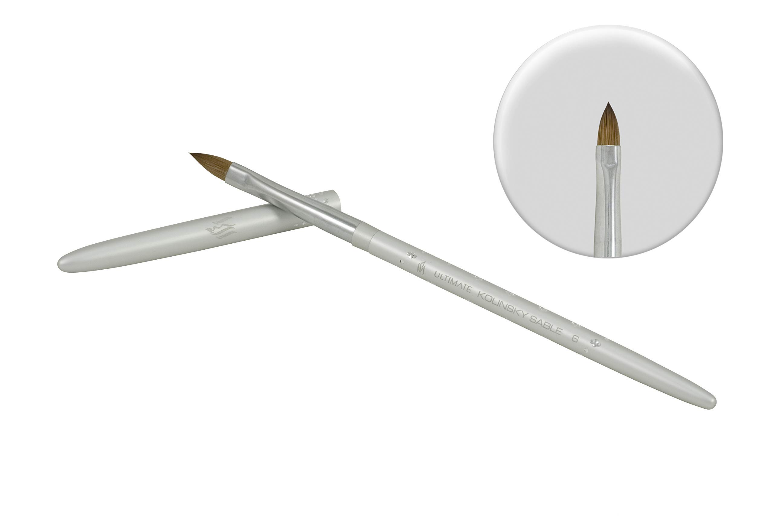 IBIUltimate Acrylic Kolinsky Sable Nail Brush | Aluminum Handle & Cap Acrylic Nail Brush | 100% Kolinsky Sable Sculpting & 3D Nail Art Brush | Crimped Oval Flattened belly with Pointed Tip (#6)