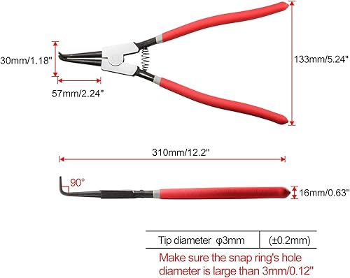 Miniatura 6 de SPEEDWOX Alicates de anillo de presión de 13 pulgadas, alicates de clip externos mordazas dobladas de 90 grados, diámetro de punta de 0.12 pulgadas