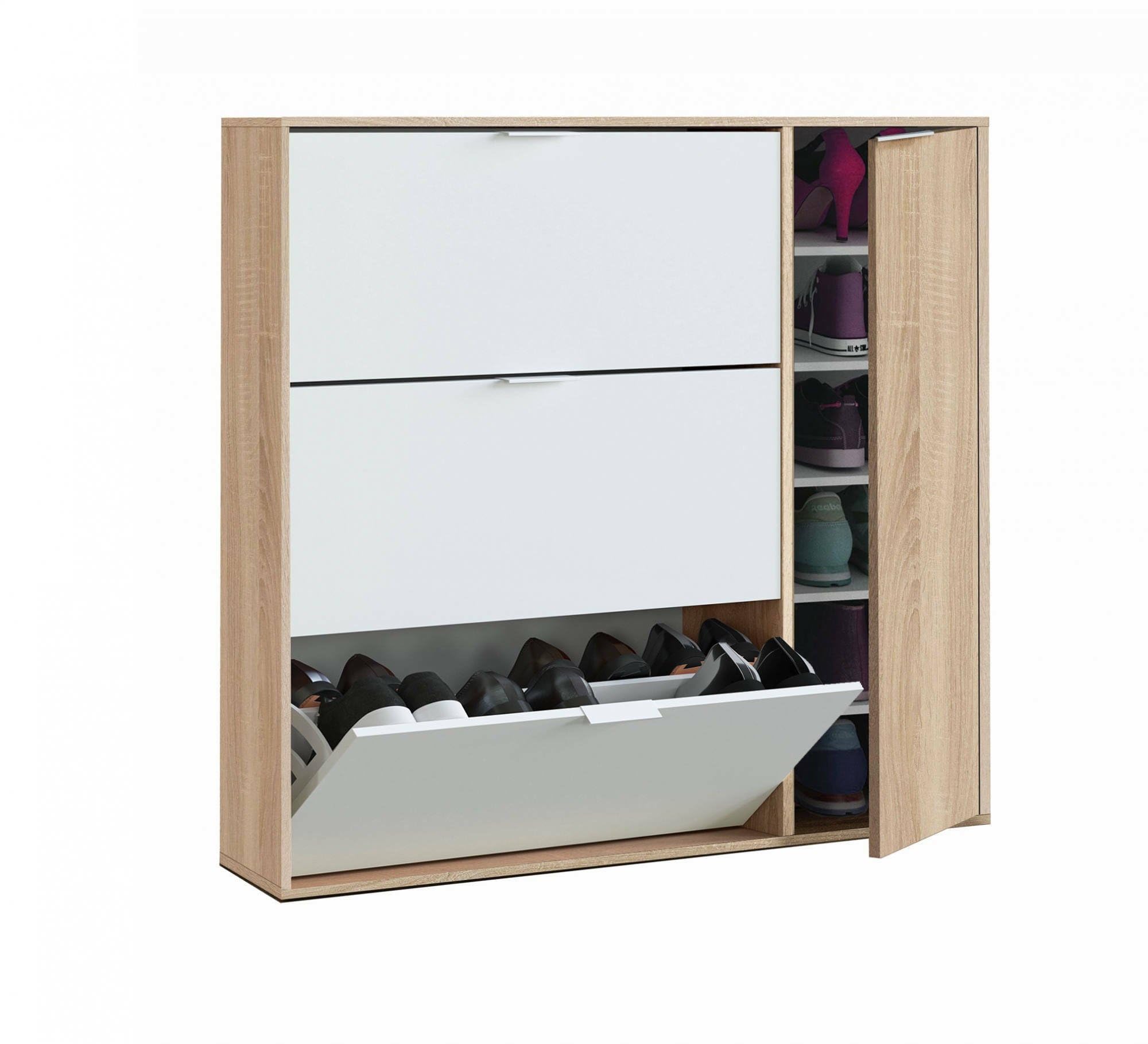 Dmora - Étagère à chaussures Provo, armoire à chaussures 4 portes, armoire basse polyvalente avec 5 étagères, étagère à chaussures moderne, 106x22h115 cm, chêne et blanc