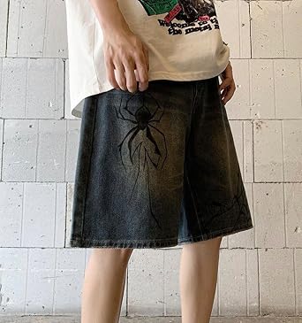 CUTEGAL Unisex Jorts Women Mid Rise Spider Denim Shorts Wide Leg Baggy Jeans Men Casual Streetwear Y2k Pants