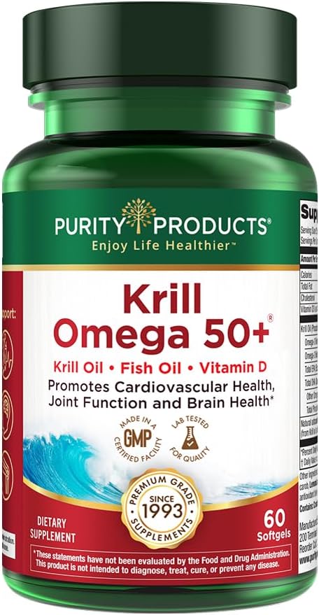 Purity Products Krill Omega 50 (Krill + Fish Oil Blend 1000mg + Astaxanthin 500mcg + Phospholipids 200mg + Vitamin D 500 IU) - 60 Mini Softgels