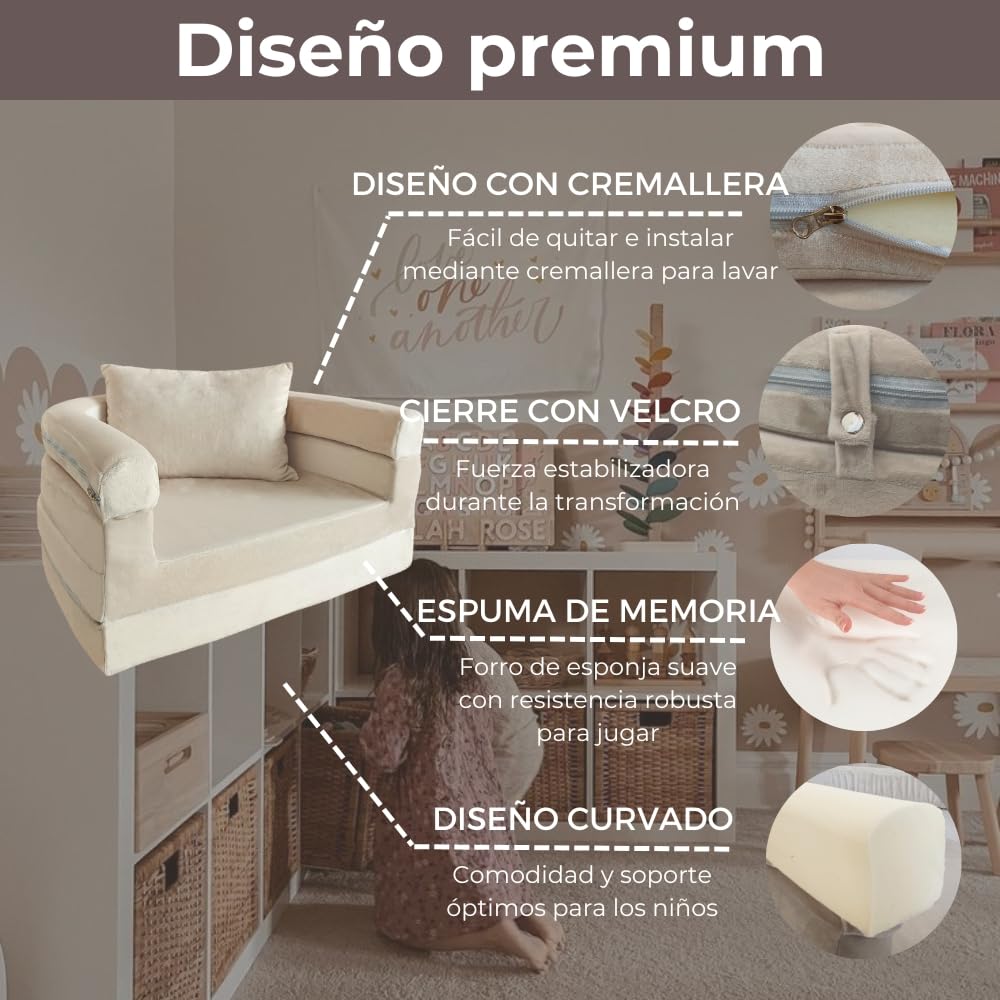 Wonder Space Sofá de espuma premontado para niños con manta y almohada, sofá convertible 3 en 1, silla de salón plegable para interiores y cama plegable para niños y niñas (marfil)