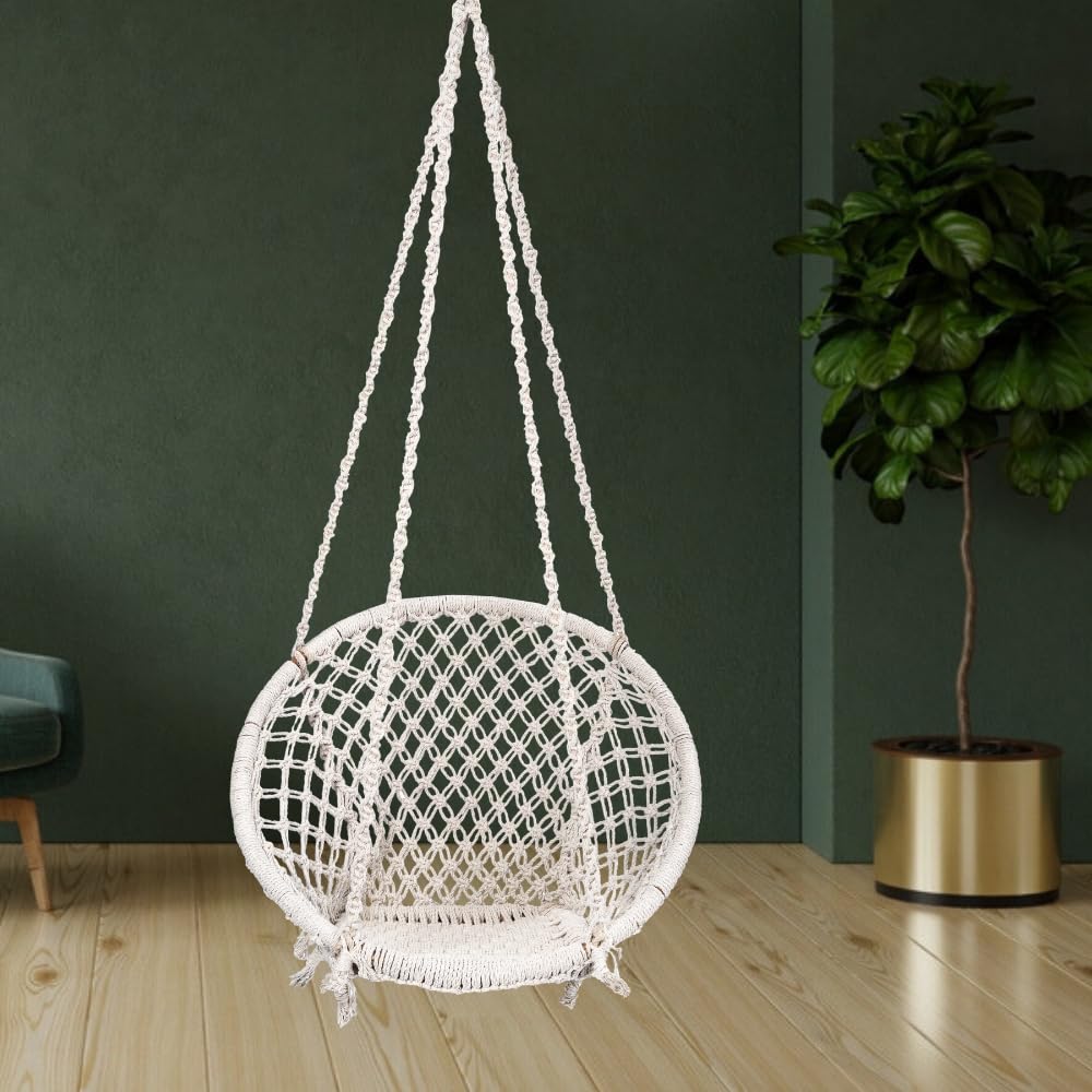 Patiofy Swing for Adults/Jhula for Adults/Wooden Swing for Living Room/Swing for Balcony/Swing for Adults for Home/Cotton Round Hammock Hanging Swing Chair Without Hanging Kit (White) by Patiofy