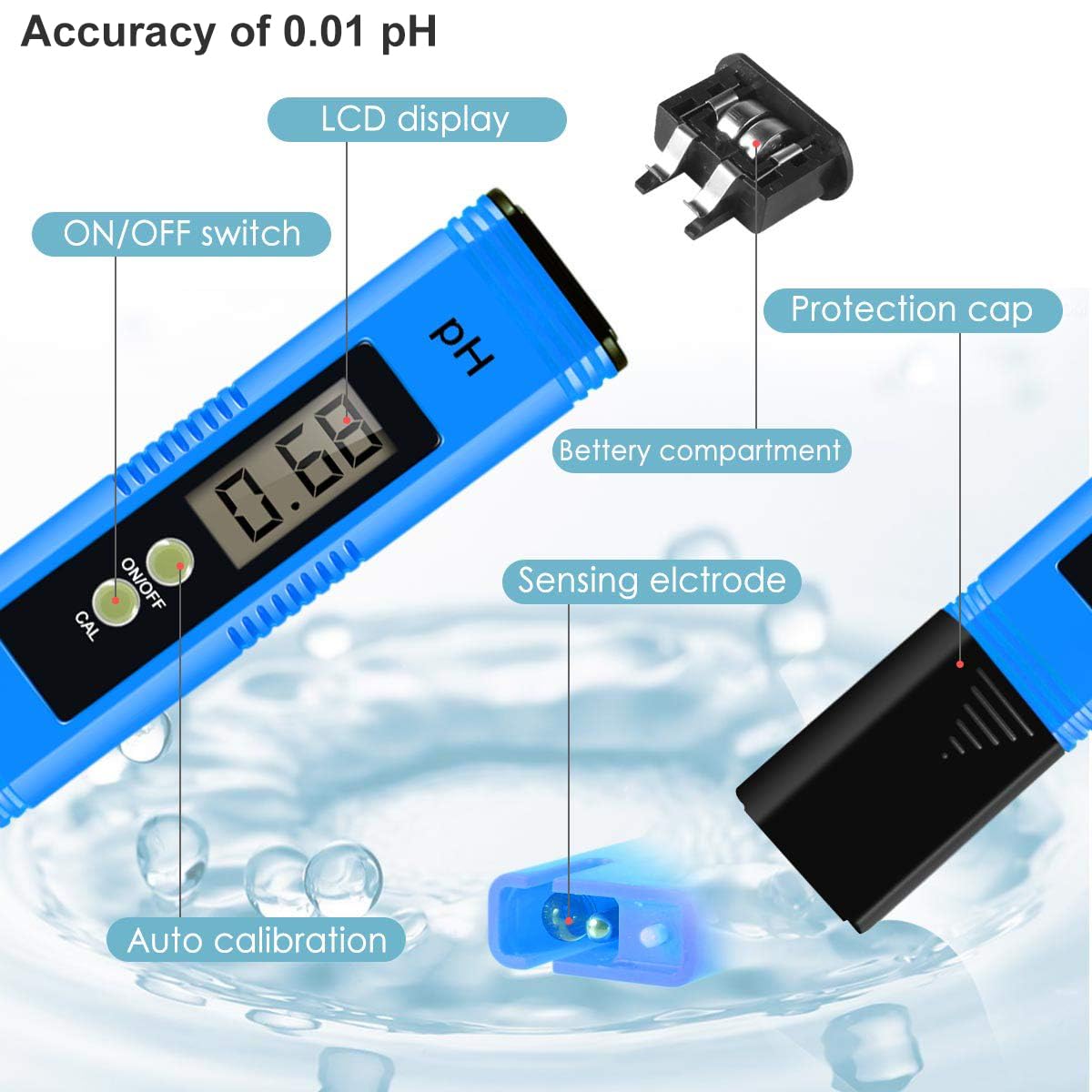 4 in 1 pH Messgerät Pool Digital, 0.01 Hohe Genauigkeit pH Wert Messgerät mit TDS Stift und LCD Hintergrundbeleuchtung für Trinkwasser, Aquarium, Schwimmbad, Spa