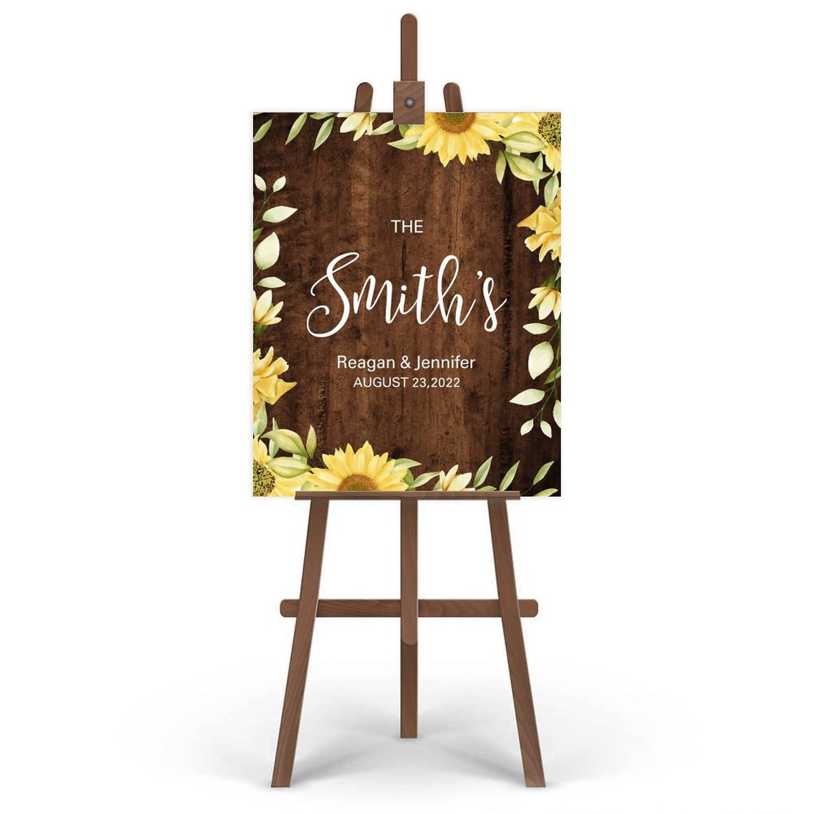Panneau de bienvenue rustique motif tournesols - Texte personnalisé - Nom personnalisé pour mariée et marié - Panneau d'entrée de fête de mariage - 50,8 x 76,2 cm
