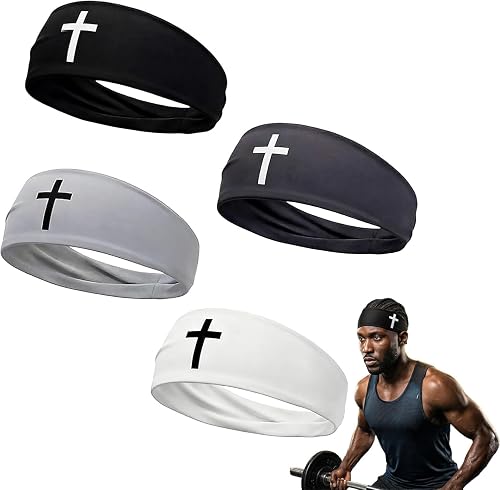Cross Print Sports Headbands for Men, 4 Pack, Multicolour