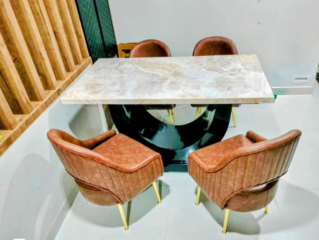 Taxzek U-Shape Modern Dining Set with Marble Top, Brown Quilted Four Chairs with Gold Legs, 5-Piece-image-0