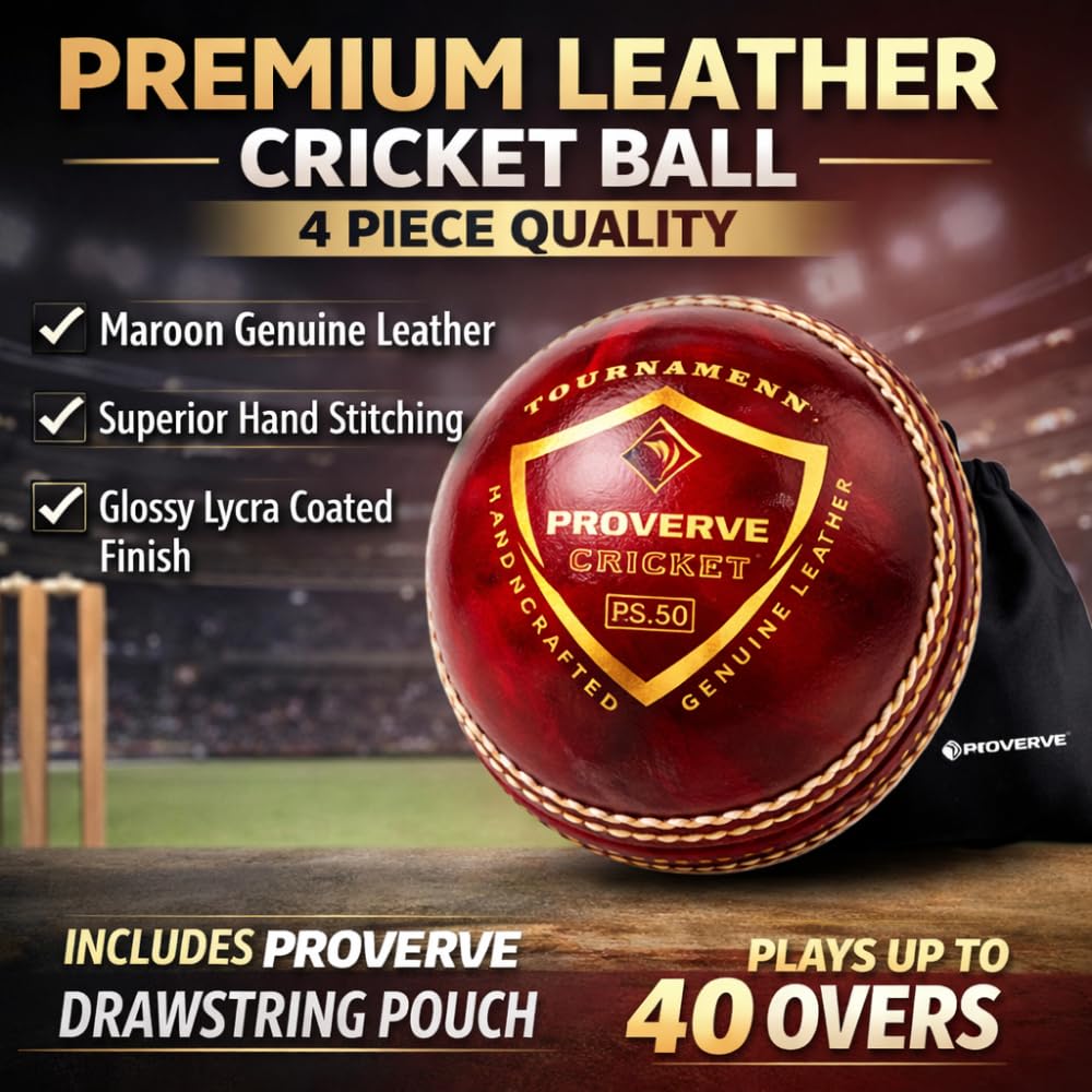 PROVERVE Premium Leather Ball for Cricket | Hand-Stitched Four-Piece | Water-Resistant, Durable & Swing-Optimized | Excellent Bounce with Strong Seam | Professional Tournament Ball (Red, Pack of 1) 1